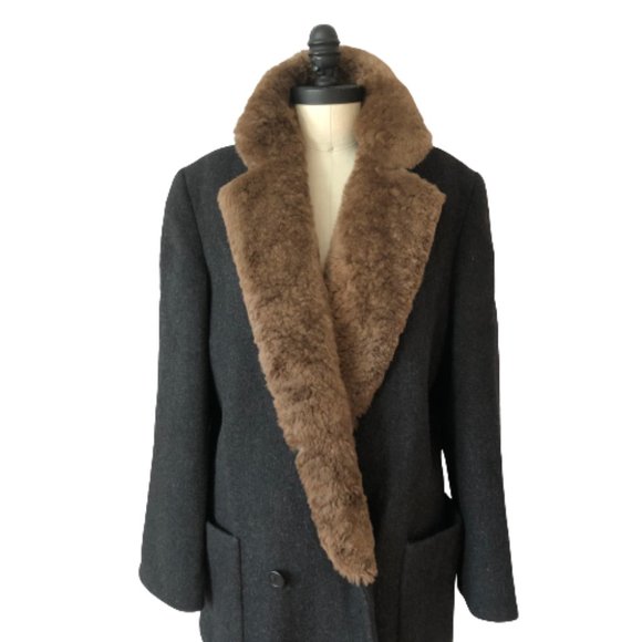 Vintage Perry Ellis Gray 100% Wool Fur Collar Dark Academia Coat USA ILGWU Made - Picture 16 of 16